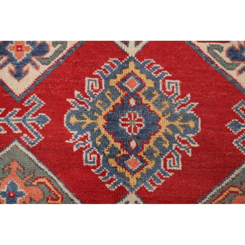 Geometric Red Kazak Rug Hand-Knotted Bedroom Wool Carpet - 6'6"x 9'2"