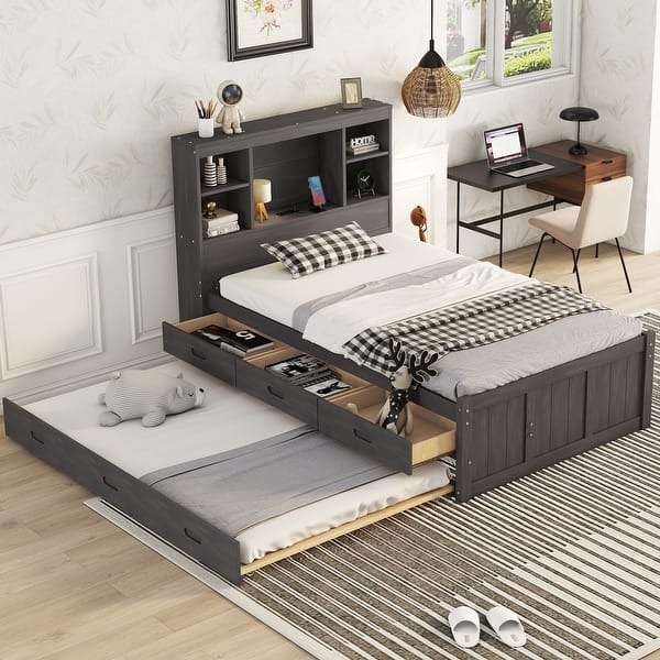 slide 2 of 48, Twin Size Platform Bed with Storage Headboard, Charging Station, Twin Size Trundle and 3 Drawers Antique brown