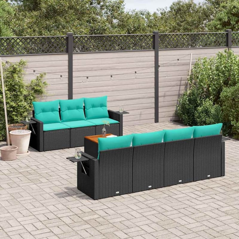 vidaXL 8 Piece Patio Sofa Set with Cushions Black Poly Rattan - 21.7" x 24.4" x 27.2" - Black and blue