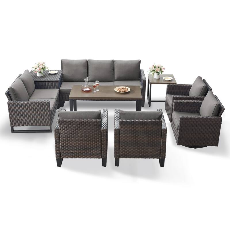 Gymojoy 9 Person Outdoor Courtyard Wicker Family Conversation Set Group With Swivel Chairs And Storage