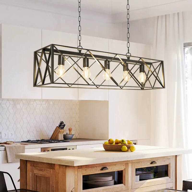 Depuley Industrial Metal Rectangle Kitchen Island Chandelier Black - 5-Light - Black
