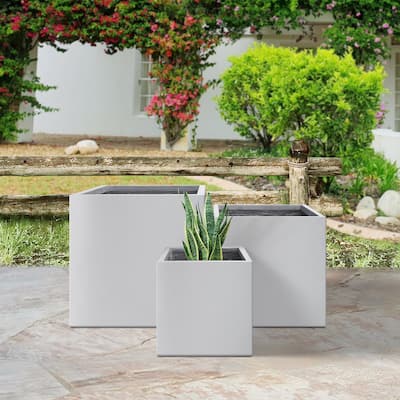Plantara 16", 12" & 10" L Square Solid White Concrete Plant pot(Set of 3), Modern Planter, Outdoor Garden Flower pot for