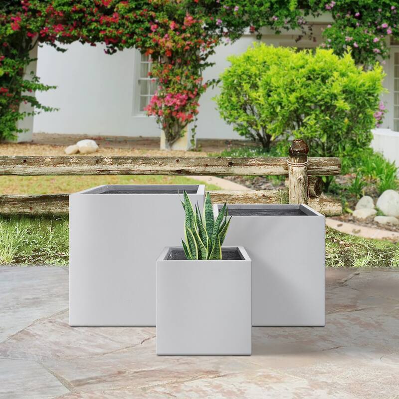 Plantara 16", 12" & 10" L Square Solid White Concrete Plant pot(Set of 3), Modern Planter, Outdoor Garden Flower pot for