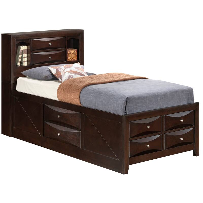 Mediterranean Bookcase Bed - Twin Size, Wood Veneers, Deep Drawers & Open Shelves - Stylish Bedroom Storage