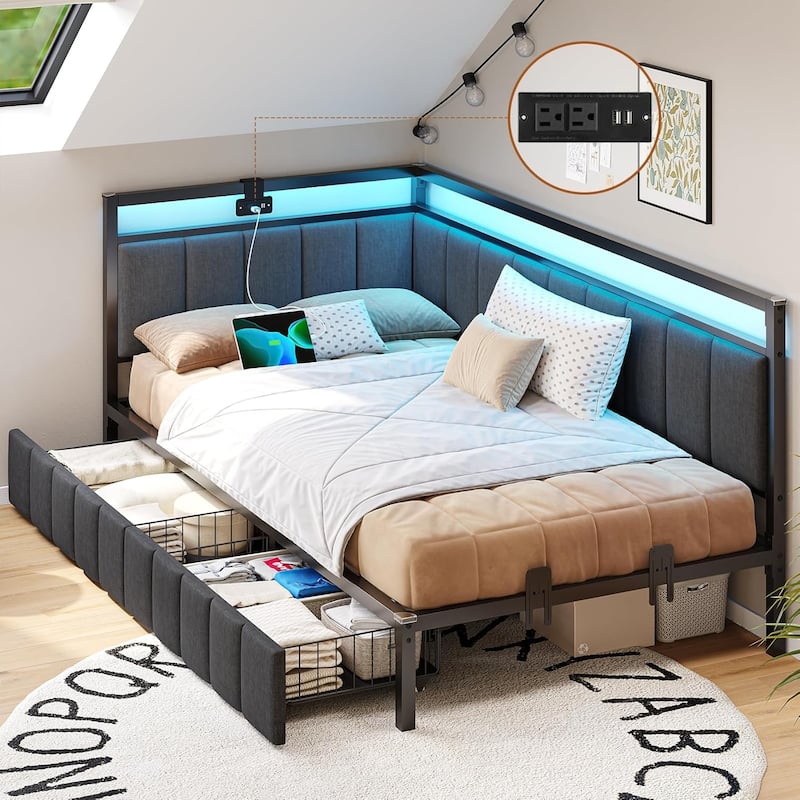Daybed with 2 Drawers Platform Bed Frame LED Light Charging Station - Dark Grey - Twin