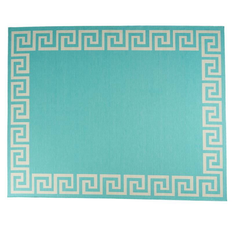Turquoise Outdoor Area Rug with Greek Key Border, Durable Polypropylene, Ideal for Outdoor Spaces - 9'3" x 12'3" - Straw Stripe