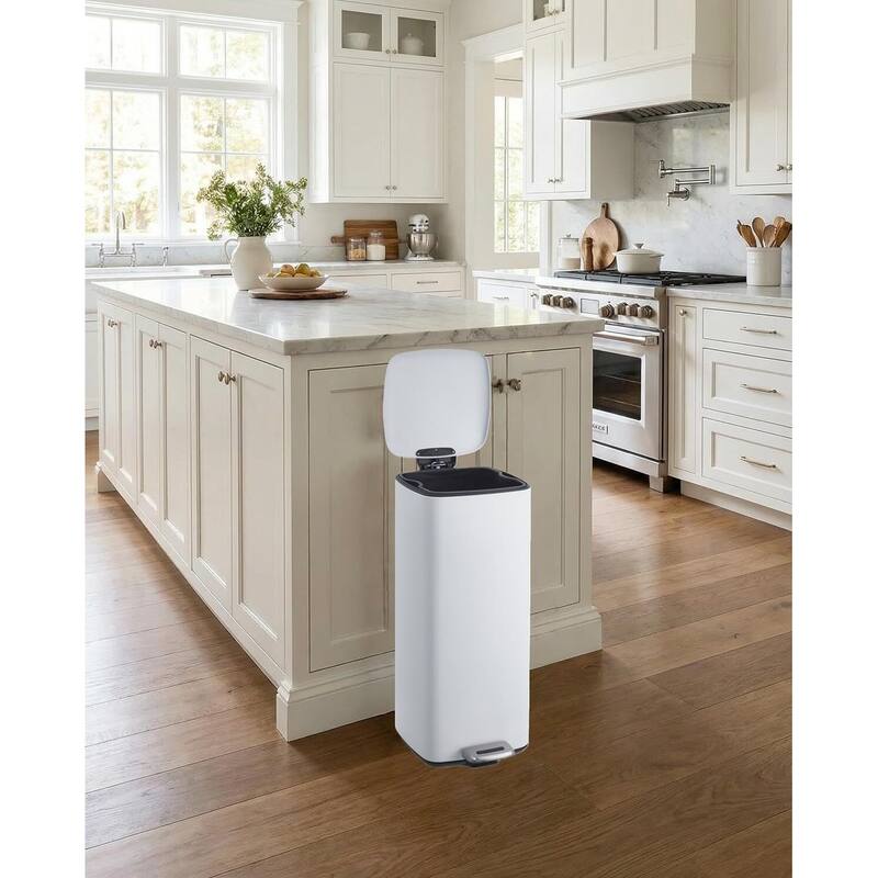 8 Gal / 30L Square Step Trash Can Stainless Steel with Lid and Inner Bucket White