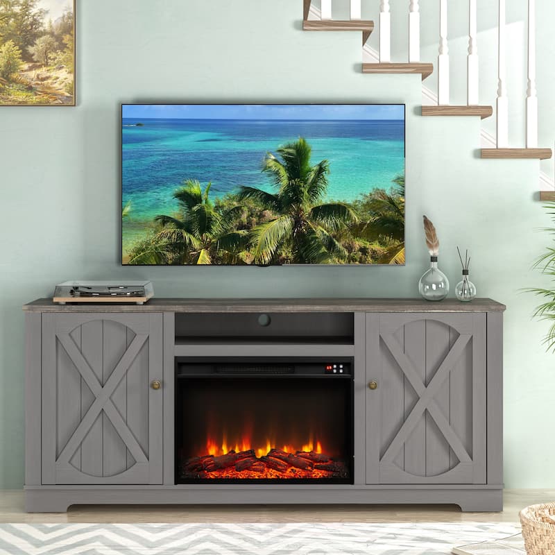 70" Farmhouse TV Stand with Fireplace, Fits up to 75" TV - 70"W x 30"H x 14.5"D - Grey