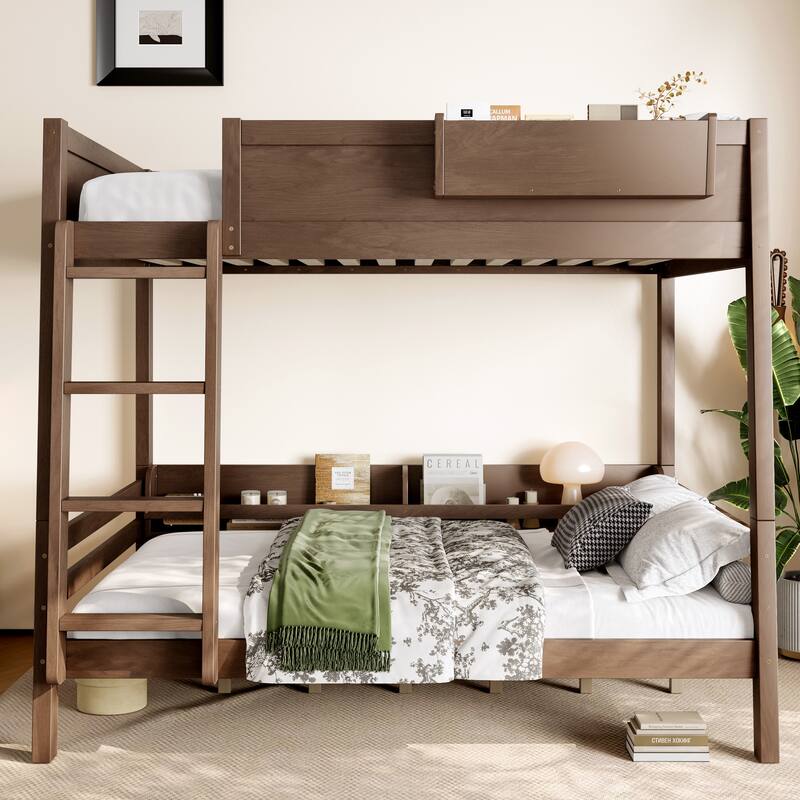 Full Bunk Bed With Storage Shelf and Bookshelf,Wood Bunk Bed with Ladder and Guardrails,Detachable Design
