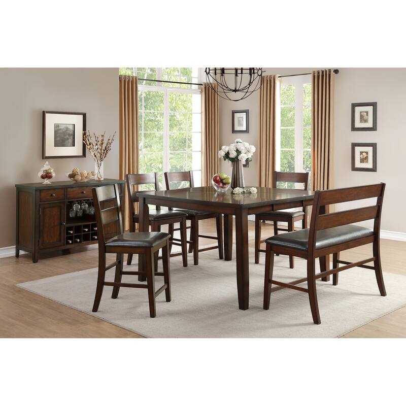 Transitional Style Cherry Finish Wooden Counter Height Bench with Backrest Faux leather - Cherry