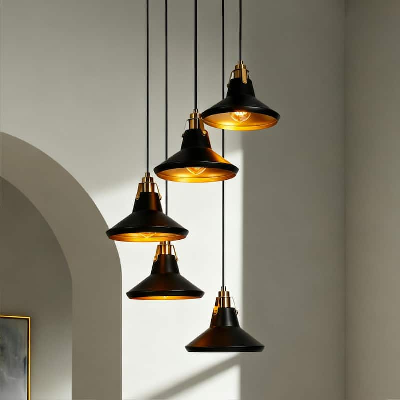 Modern Farmhouse 5-Light Black Brass Metal Chandelier with Bowl-Shaped Pendant Lights for Kitchen Dining Room - 20" D x 7" H