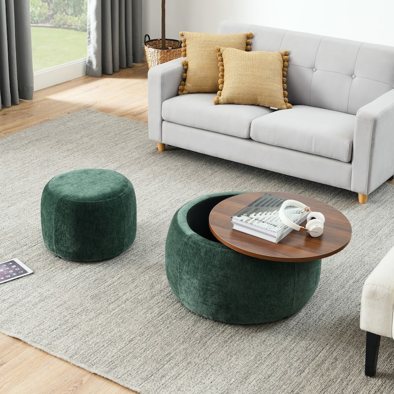 Round Storage Ottoman, 2 in 1 Function, Work as End table and Ottoman,with small seat - Green