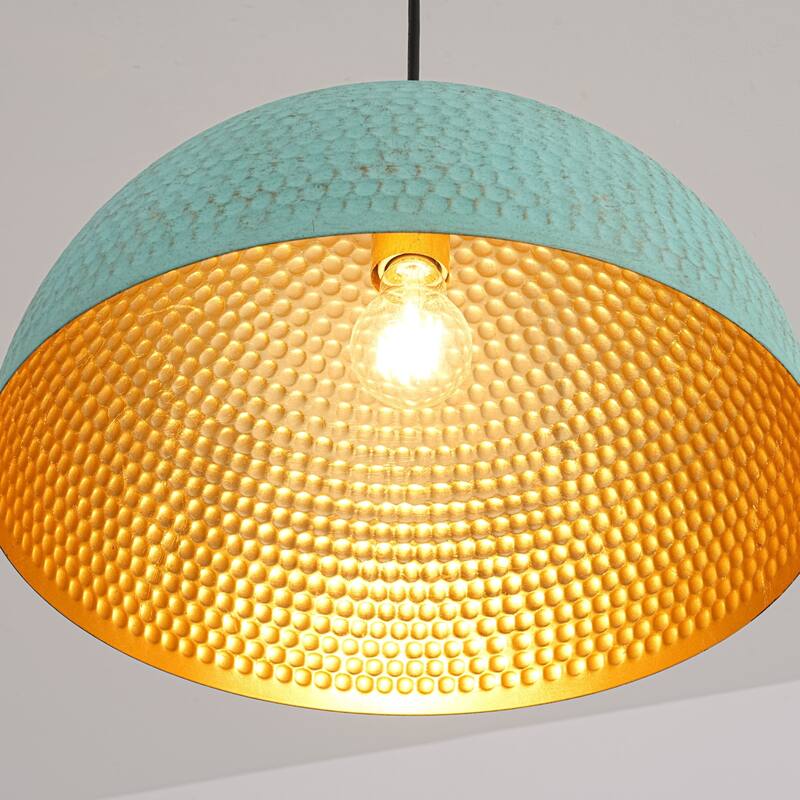15.7" 1-Light Retro Antiqued Green Hammered Dome Pendant with Gold Interior Hanging Light for Dining Room