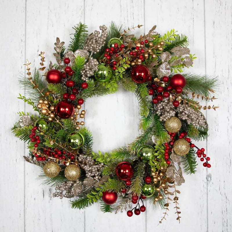 Glittered Ornaments and Berries Christmas Wreath - 24" - Green and Gold