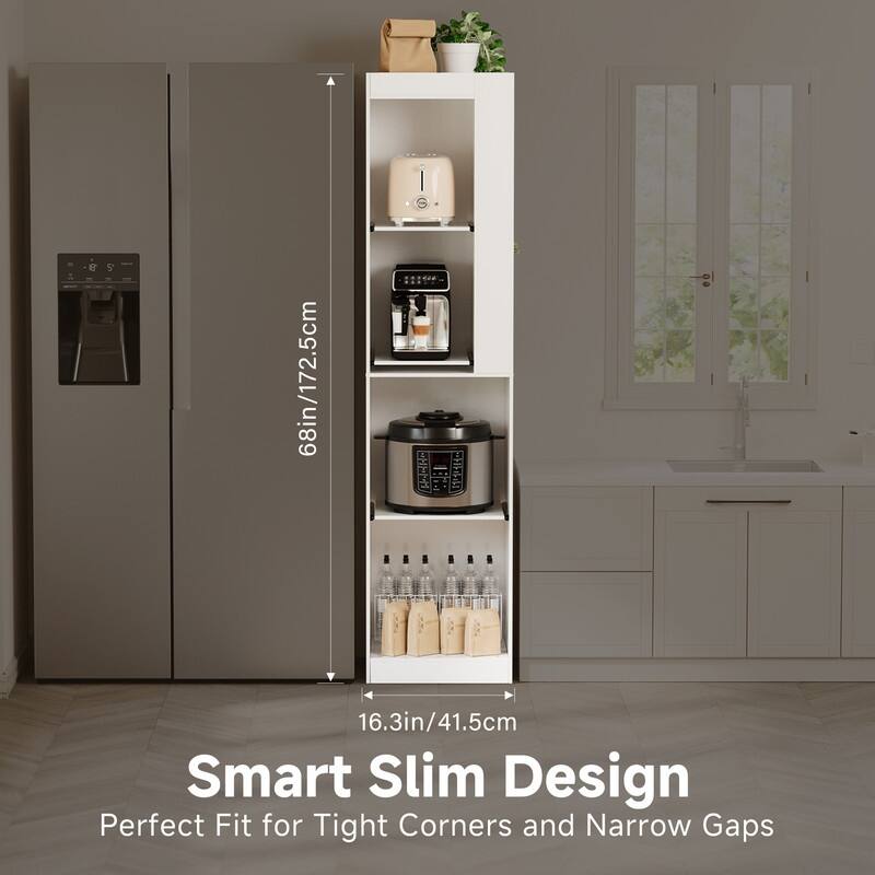 Slim Kitchen Storage Cabinet with 3 Pull-Out Shelves, Tall Pantry Organizer for Small Spaces, 16.3”W x 68”H, MDF White Cabinet