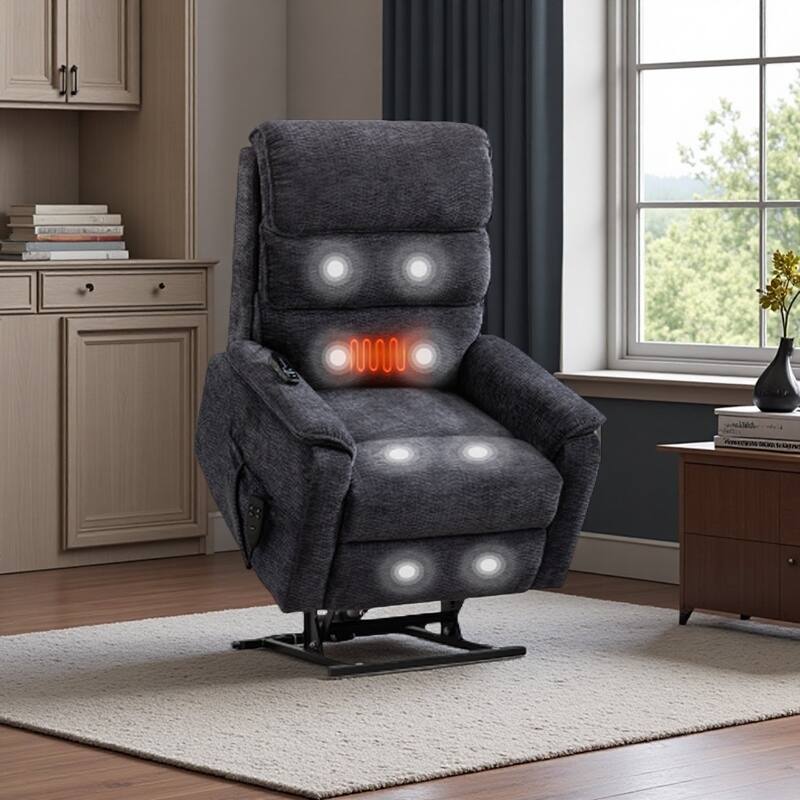 Dual Motor Power Lift Recliner Chair, with Heat & Massage, 350lbs Capacity, Infinite Position, Power-Remote, Side Pockets - Grey