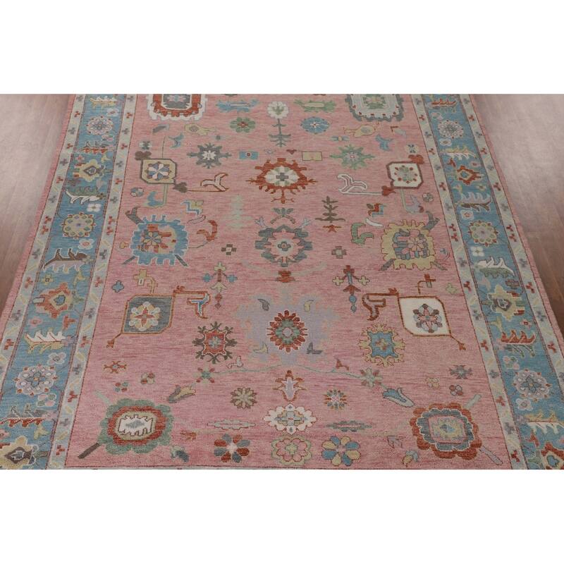 Pink Floral Oushak Oriental Large Area Rug Hand-Knotted Wool Carpet - 9'6" x 14'1"