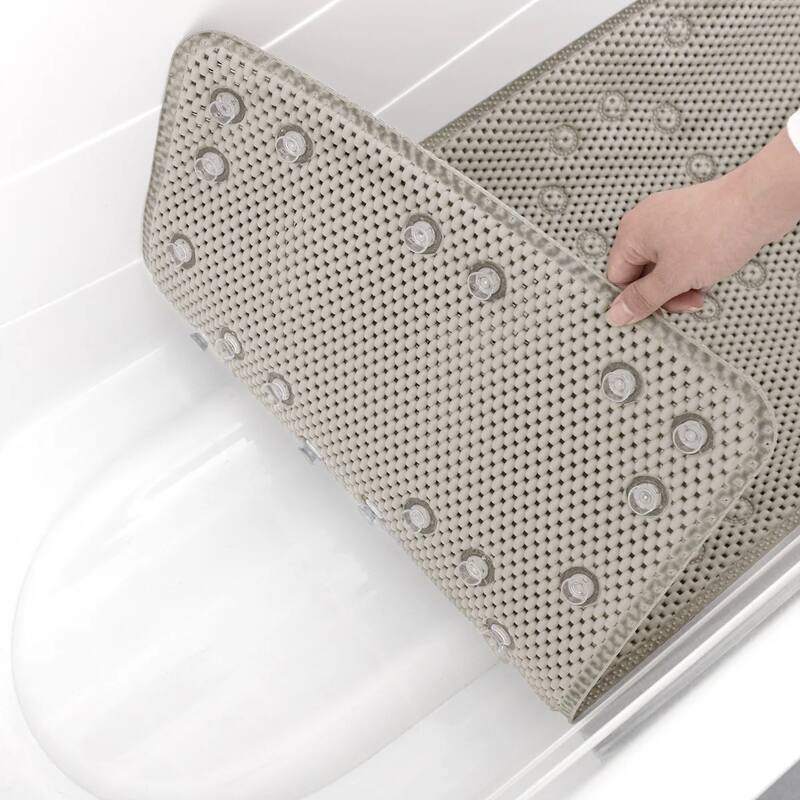 Extra Thick Long Beige Non-Slip Foam Bathtub Shower Mat With Suction Cups Fast Drying - 36" x 17"
