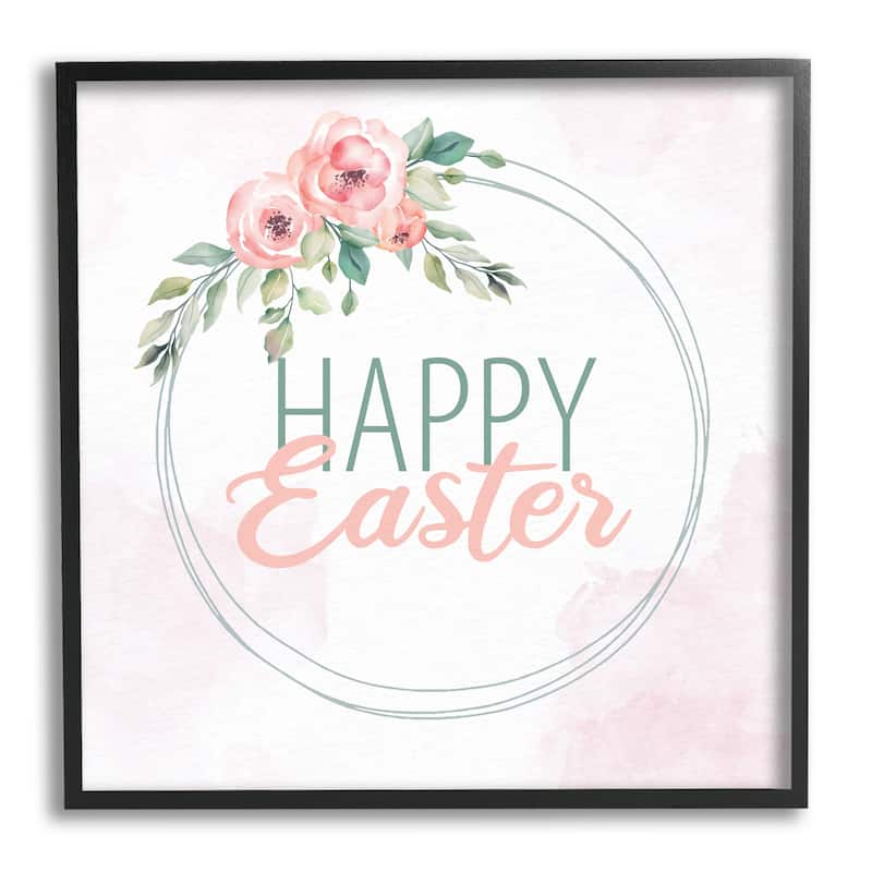 Stupell Happy Easter Round Floral Border Pastel Pink Design Framed Wall Art, Design by Kim Allen - 24 x 24 - Black