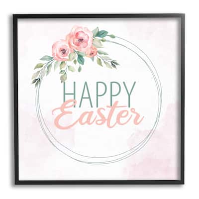 Stupell Happy Easter Round Floral Border Pastel Pink Design Framed Wall Art, Design by Kim Allen