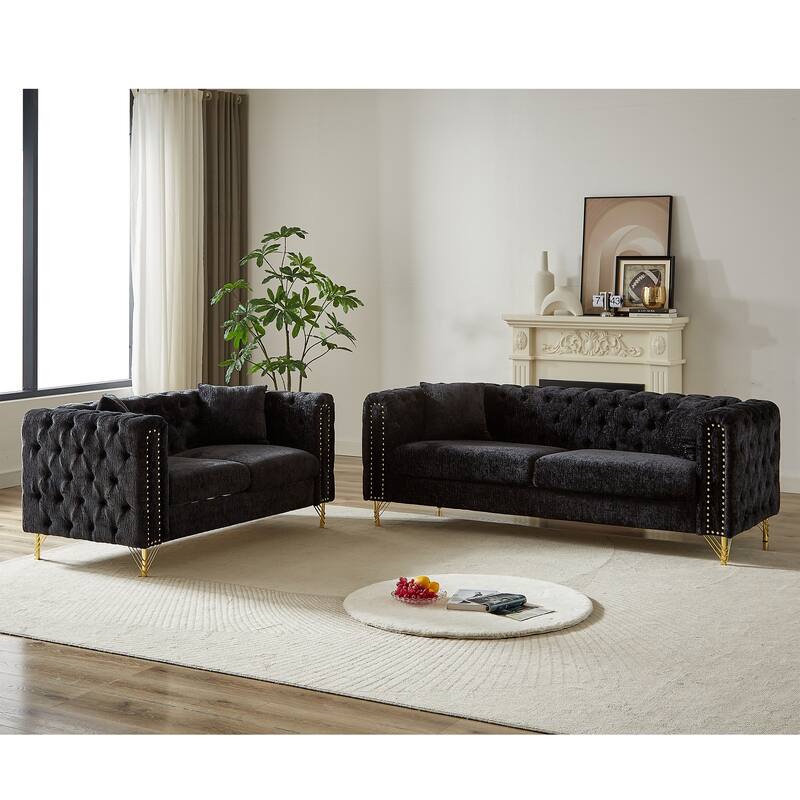 5-Seater Modern Chenille Sofa, Button Tufted with Metal Legs and Nailhead Trim