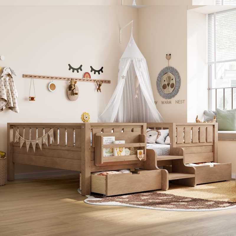 Multiple Colors Toddler Montessori Bed Children's Platform Bed with Low Profile Stairs, Built-in Bookshelf and Storage Drawers