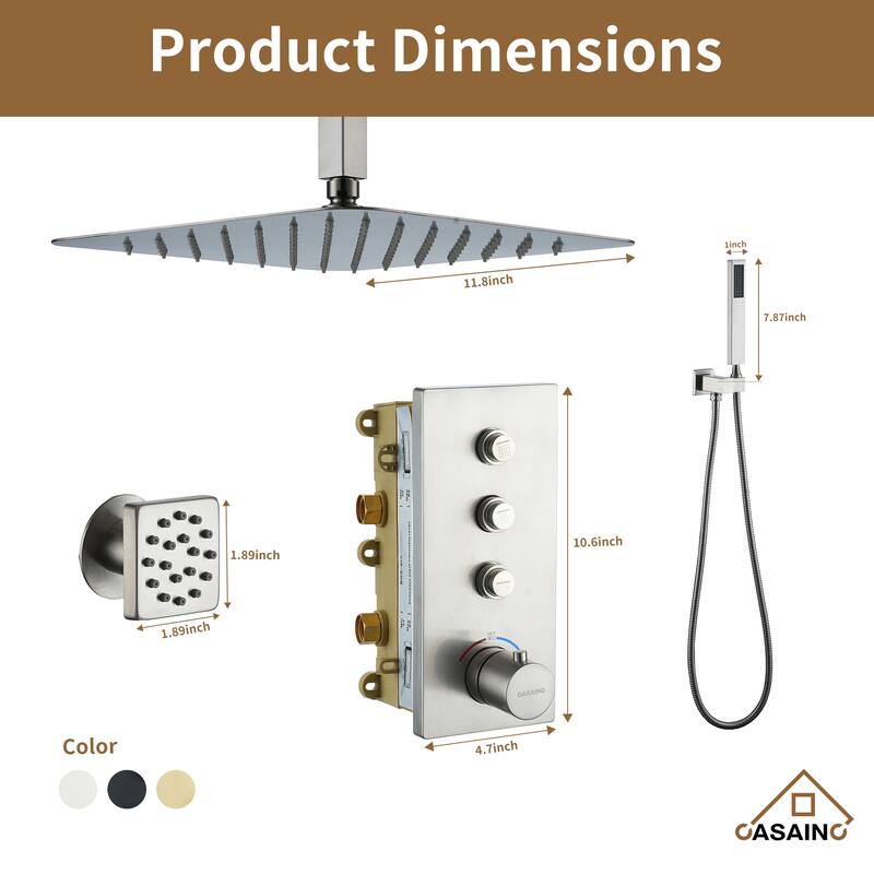 Luxury Thermostatic Shower System 1-Spray Patterns Ceiling Mount Fixed Shower Head and Handheld Spray with 6 Body Jets