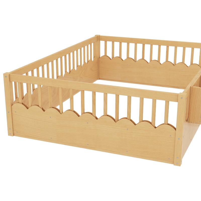 Queen Floor bed with Heightened Fence and bookshelf, Wood Floor Bed for Kids