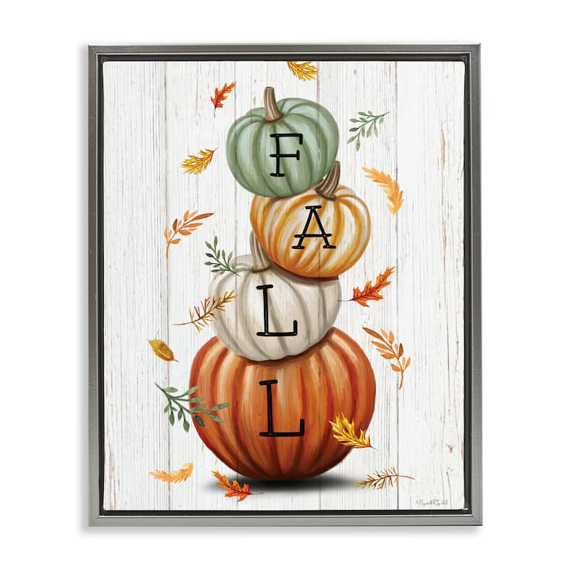 Stupell Falling Leaves & Pumpkin Stack Framed Floater Canvas Wall Art Design By Elizabeth Tyndall - 17 x 21 - Grey