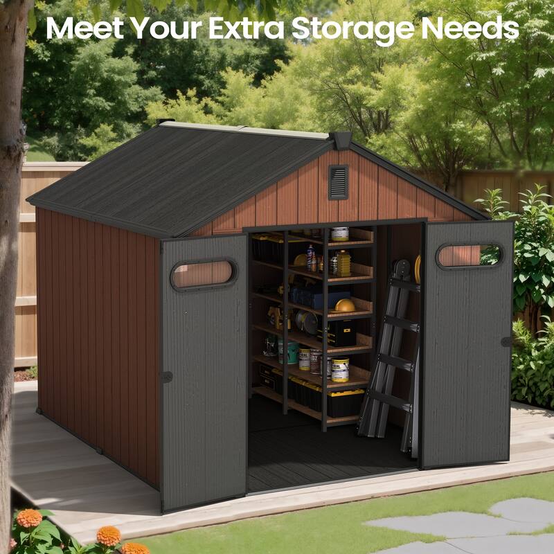 8X10 FT All-Weather Waterproof Plastc Outdoor Resin Storage Shed Windows Lockable Door with Floor for Patio Furniture and Tools