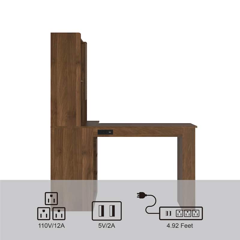 L Shaped Desk with Charger,Computer Desk with Drawers,Bookshelf, with LED Light,Corner Gaming Computer Desk with Storage