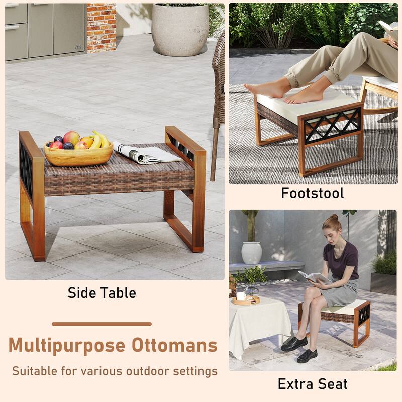 Set of 2 Outdoor Wicker Ottomans with Cushions Mix Brown PE Rattan and Acacia Wood Footrests Patio Furniture - 26" × 19" × 16"