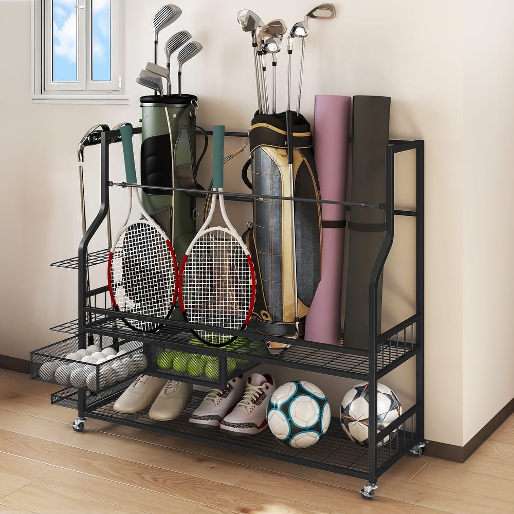 Moasis 4 Slot Golf Bag Storage Rack with Wheels and Drawer for Clubs and Balls