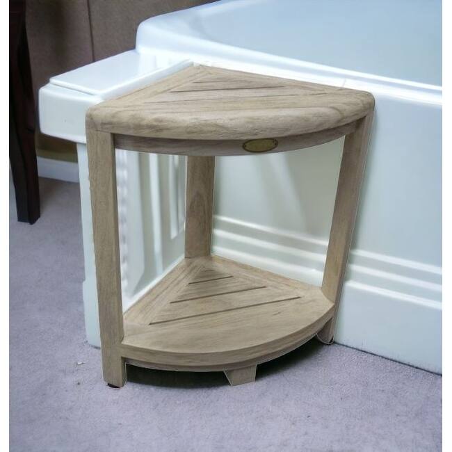 Compact Teak Corner Shower Stool with Shelf in Whitewash Driftwood On Sale Bed Bath & Beyond