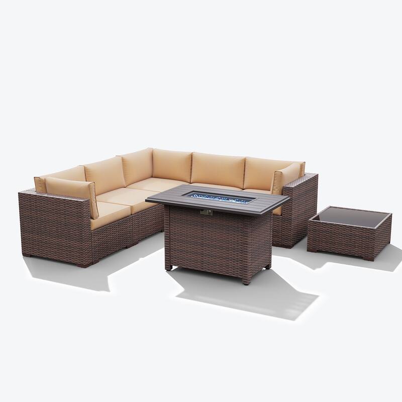 7 Piece Wicker Set Patio Sofa Furniture with Fire Pit And Table