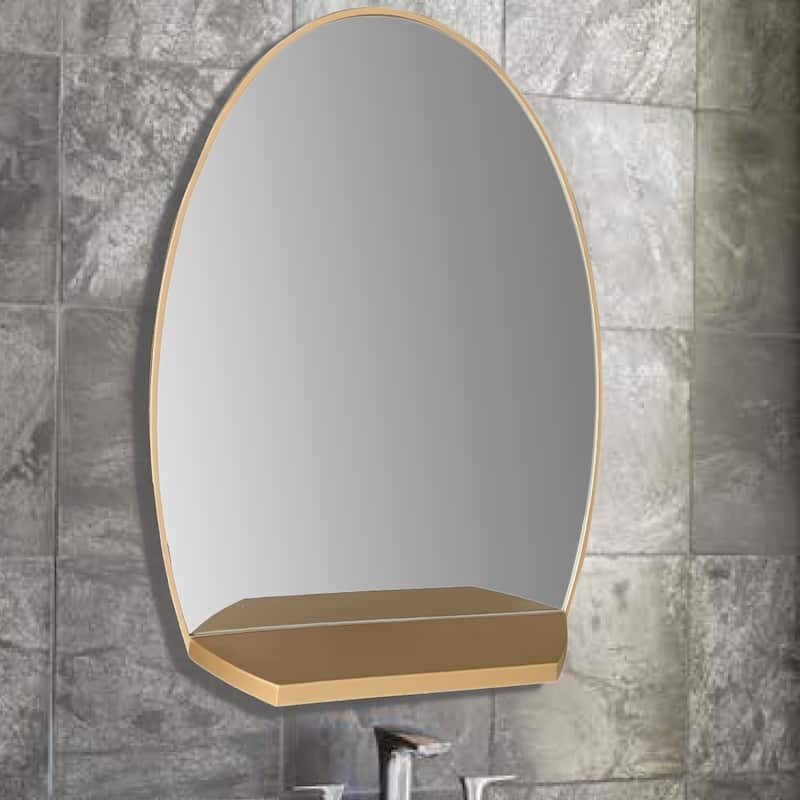 Oval Metal Frame Bathroom Vanity Mirror With Shelf In Brushed Gold - 24 in. - 24 in. - Gold