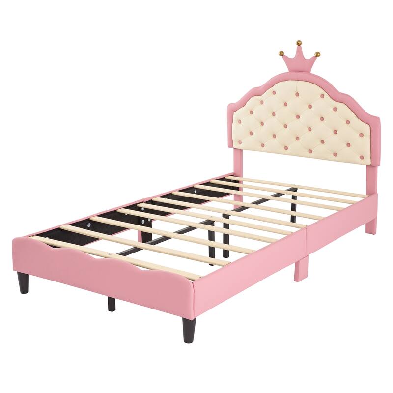 Crown Fantasy PU Leather Princess Bed with Tufted Headboard