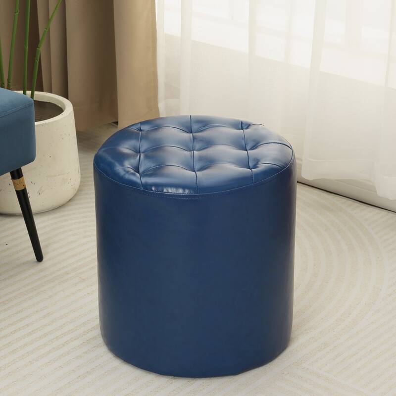 Adeco Round Ottoman Upholstered Tufted Faux Leather Footrest - Blue - Medium