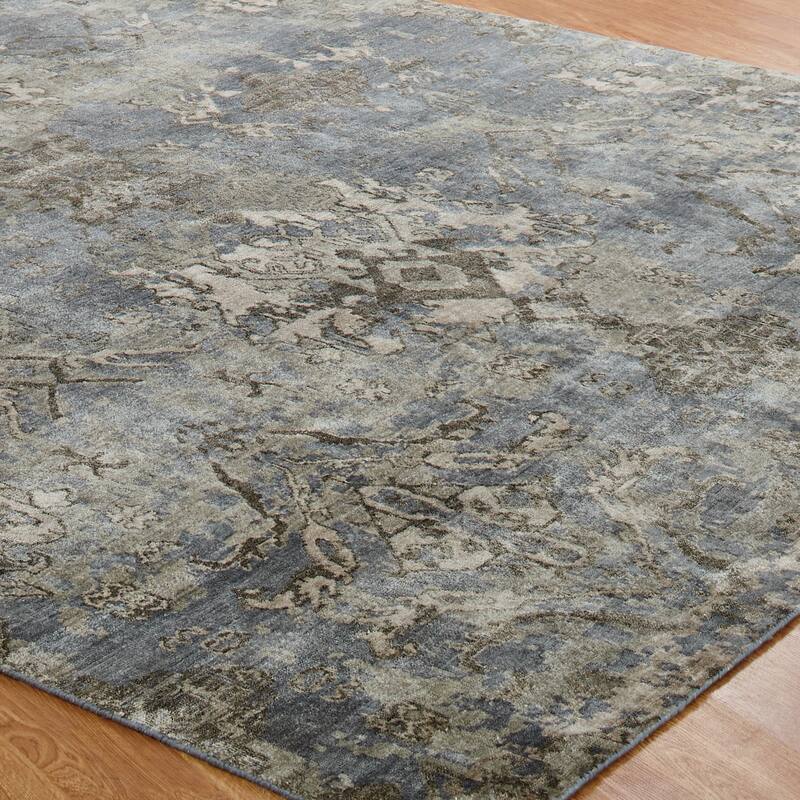 Transitional Blue Hand-Knotted Viscose Area Rug