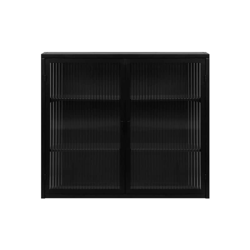 27.56"Glass Doors Modern Two-door Wall Cabinet with Featuring Three-tier Storage,Black