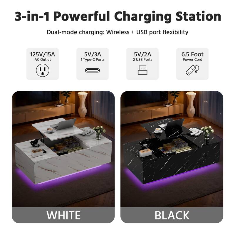 Meyreso Lift-Top Smart Marble Coffee Table with LED Light and Hidden Storage