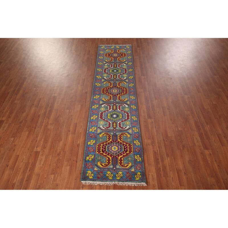 Geometric Kazak Oriental Runner Rug Hand-Knotted Wool Carpet - 2'6"x 9'9"