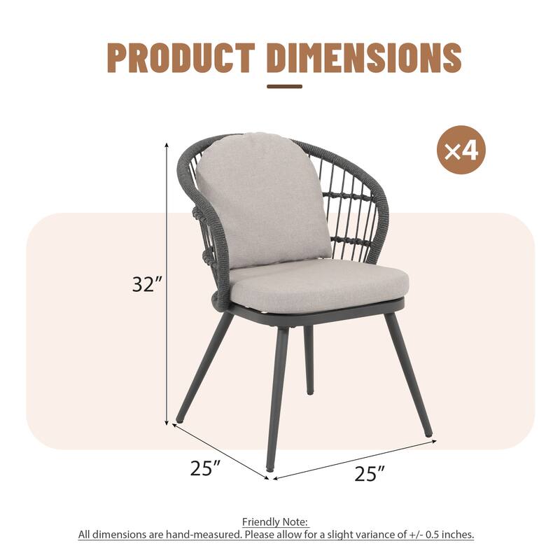 Rope-Woven Aluminum Outdoor Dining Chairs with Removable Cushions