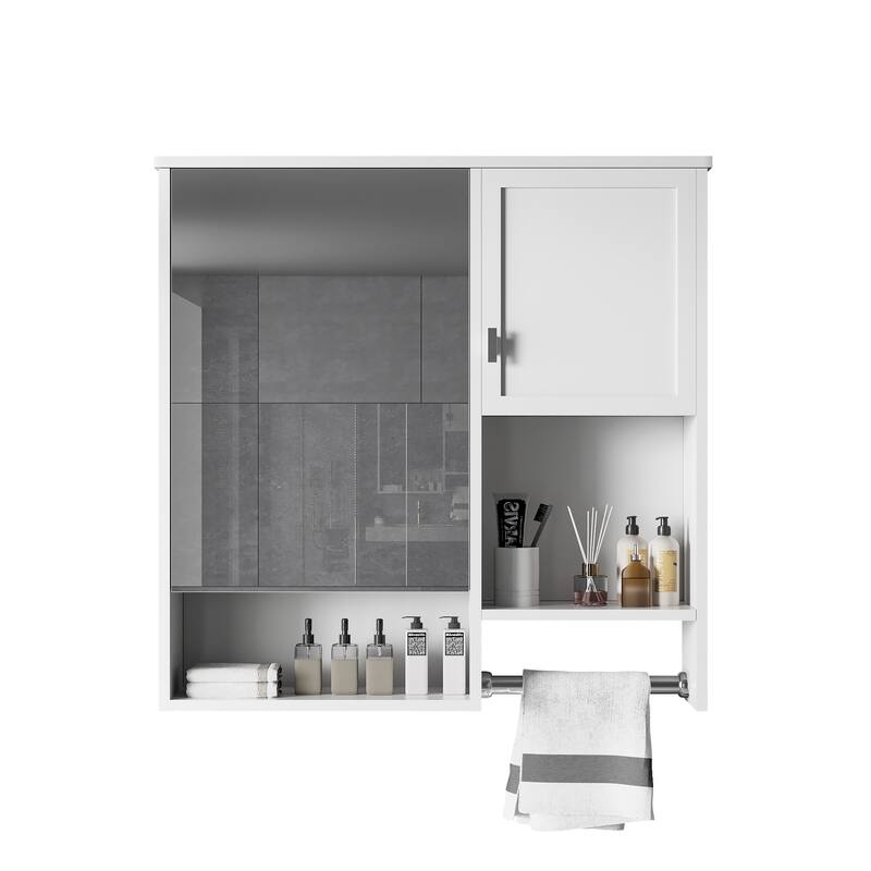 29" x 28" Over The Toilet Bathroom Storage Cabinet with Towel Bar Wall Mirror Cabinet with Closed Cupboard and Open Shelf