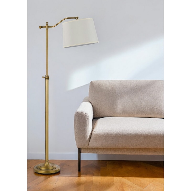 HomeRoots 63" Bronze Adjustable Height Swing Arm Floor Lamp With White Fabric Shade - 28