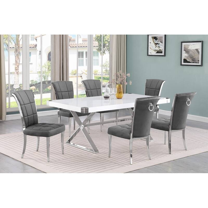 Best Quality Furniture D440/1-SC320-7 Dining Set 78" White Lacquer Wood Top - Dark Grey/Silver - 7 Piece