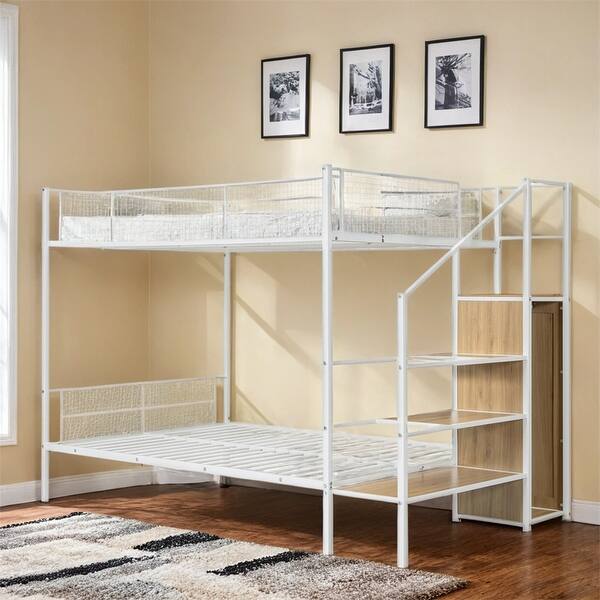 slide 2 of 17, Twin Over Full Metal Bunk Bed w/Shelving & Storage Ladder and Wardrobe