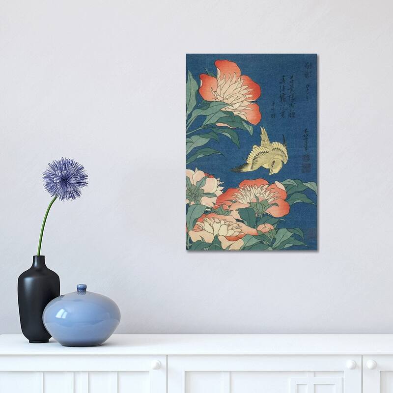 iCanvas "Peonies And Canary, c.1833" by Katsushika Hokusai Canvas Print - 18x12x1.5