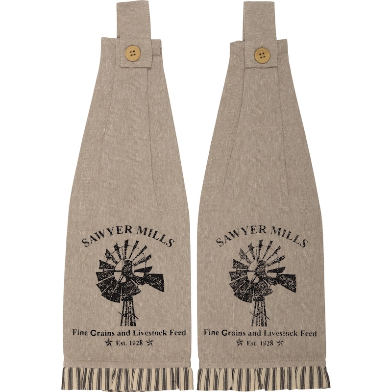 Sawyer Mill Charcoal Windmill Button Loop Kitchen Towel Set of 2 - Kitchen Towel 6.5x18