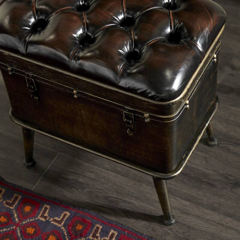 Bronze Metal Weathered Room Storage Bench with Dark Brown Tufted Faux Leather (Set of 3)